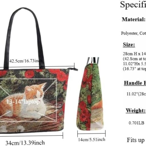 Luxurious Pebbled Leather Cat Tote - Lightweight 15L Floral Work Bag for Women - Picture 3 of 9